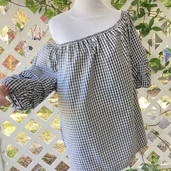 Song Of Style Gingham Top Black White Check Puff Sleeves Boho Cottagecore XL - Picture 8 of 10